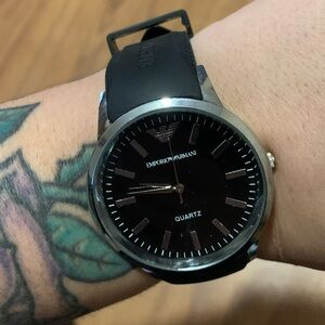 EMPORIO ARMANI black & silver quartz silicone strap dial watch made in Italy